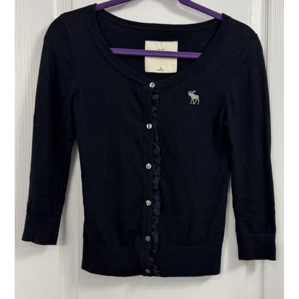 Abercrombie & Fitch Kids Girls XL Cardigan Ruffles Navy Button Down Knit Moose